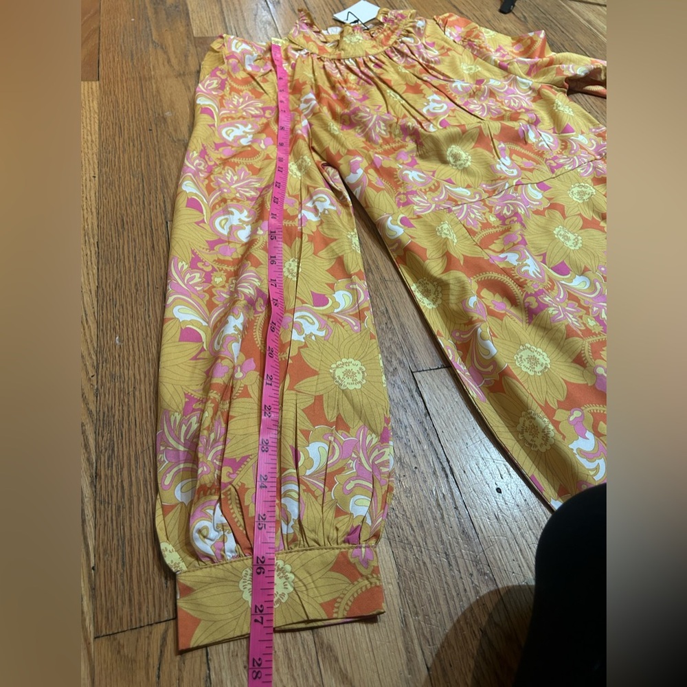NWT CIDER orange yellow retro floral long sleeve ruffle hem mini dress - Picture 8 of 9